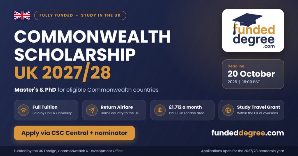 Commonwealth Scholarship UK 2027/28: Fully Funded Master's and PhD